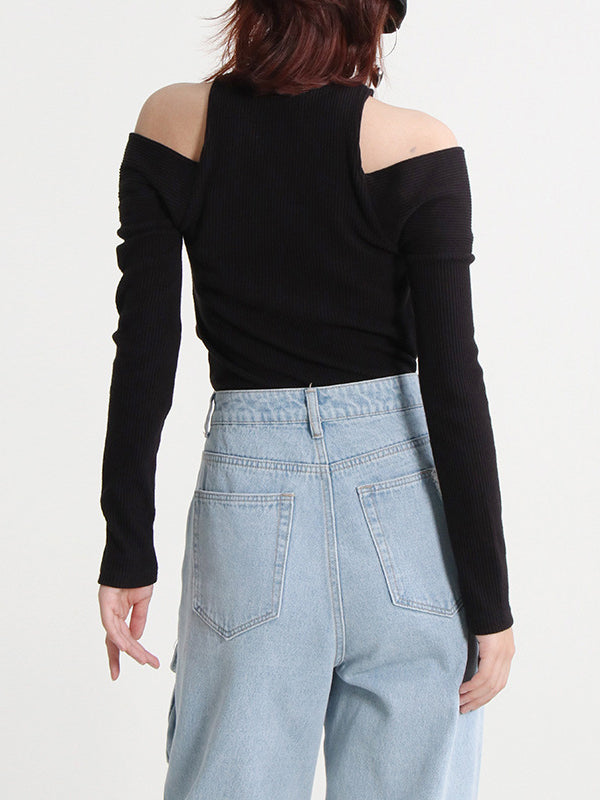 flowersverse Hollow Split-Joint Zipper Long Sleeves Skinny High-Neck Sweater Tops Pullovers