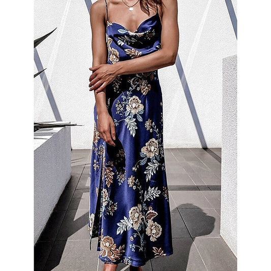 flowersverse Women's Party Dress Slip Dress Midi Dress Blue Orange Sleeveless Floral Backless Summer Spring Spaghetti Strap Party S M L XL 2XL 3XL / Split / Print