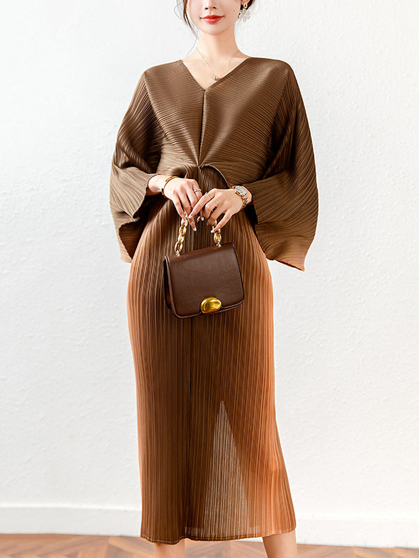 flowersverse Fashion Loose Batwing Sleeves Gradient Pleated Midi Dress