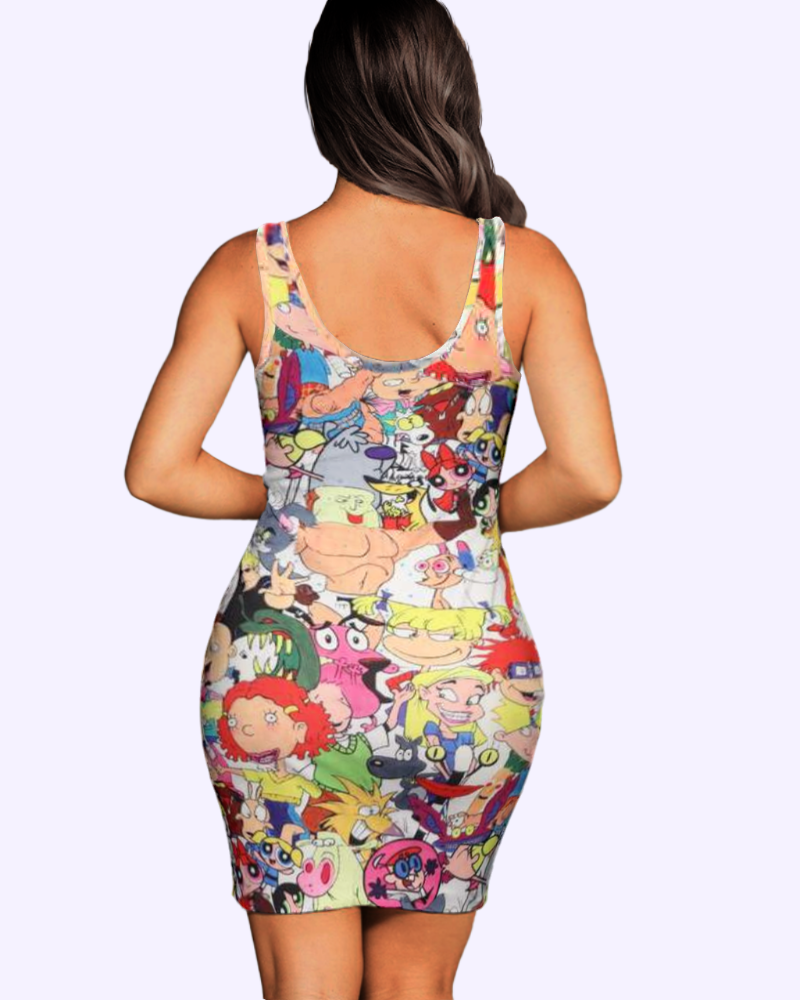 flowersverse Cartoon Print Square Neck Bodycon Dress