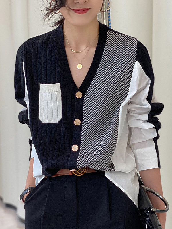 flowersverse Original Loose Irregular Split-Joint Buttoned V-Neck Long Sleeves Sweater Blouse