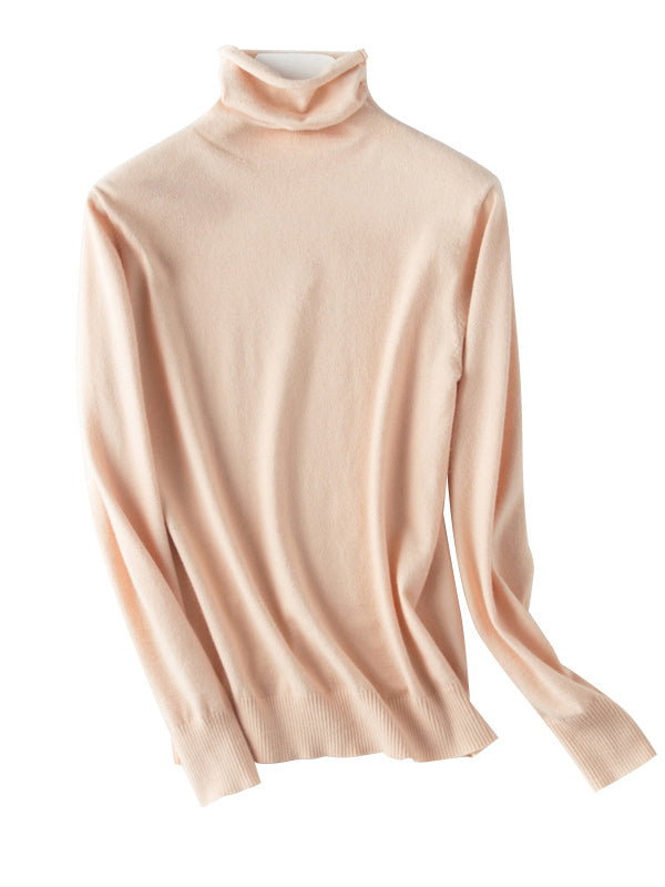flowersverse Simple Loose Long Sleeves Solid Color High-Neck Sweater Tops