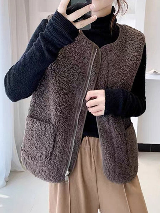 flowersverse Split-Joint Velvet Loose Sleeveless Round-neck Vest Outerwear