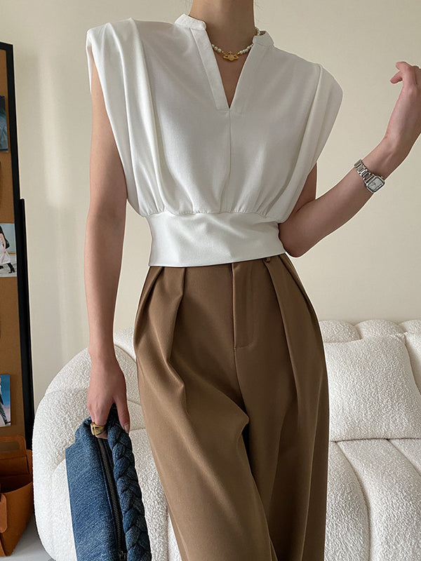flowersverse Loose Sleeveless Split-Joint Solid Color V-Neck Vest Top