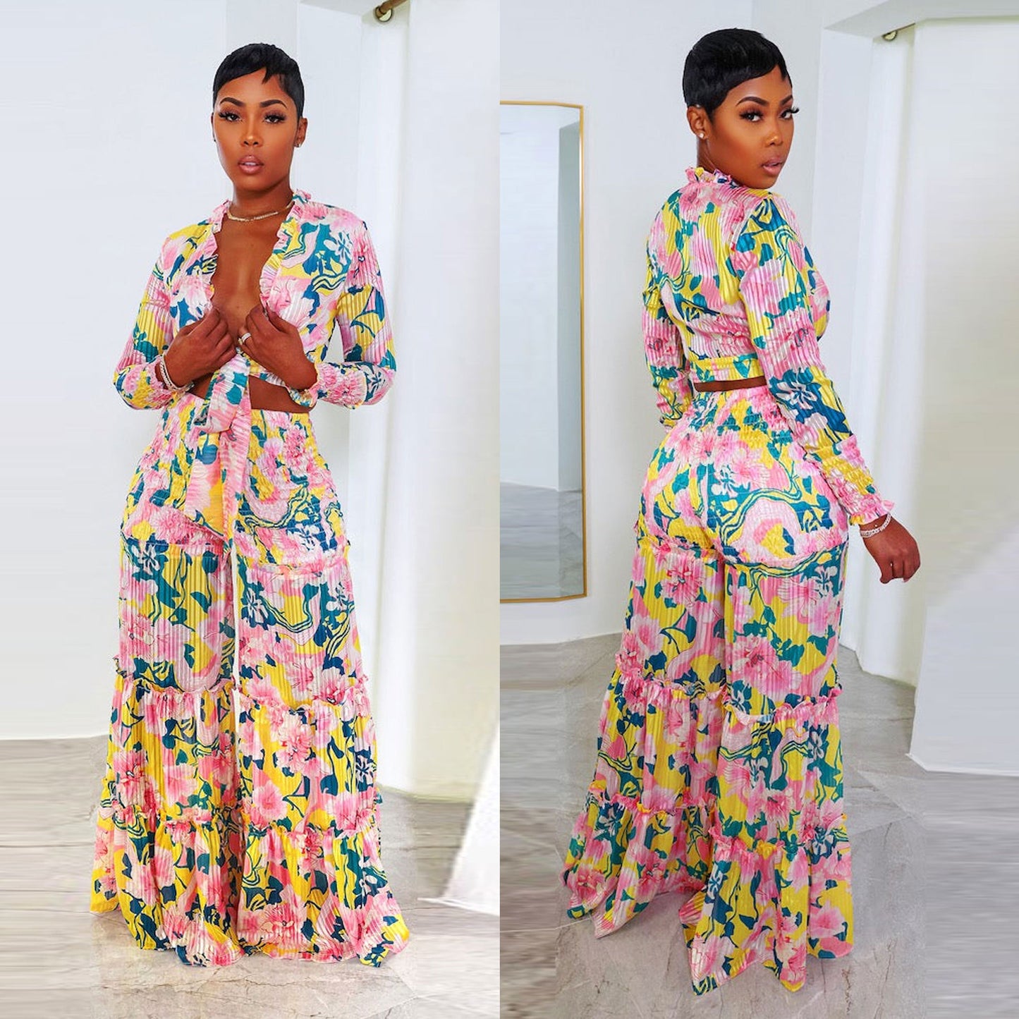flowersverse Sexy Printed Pleated Long Sleeve Lace-Up Top Wide Leg Pants Plus Size Two-Piece Set