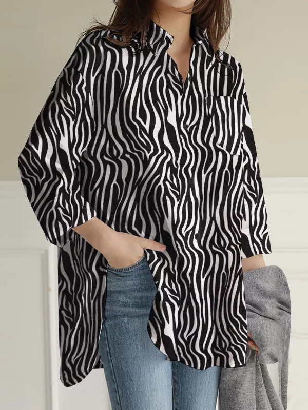 flowersverse Buttoned Pockets Split-Side Zebra-Stripe High-Low Long Sleeves Lapel Blouses&Shirts Tops