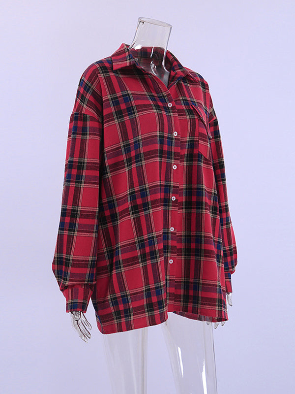 flowersverse Buttoned Plaid Long Sleeves Loose Lapel Blouses&Shirts Tops