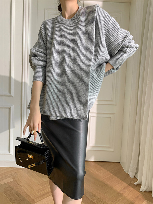 flowersverse Irregularity Loose Solid Color Batwing Sleeves Round-Neck Sweater Tops