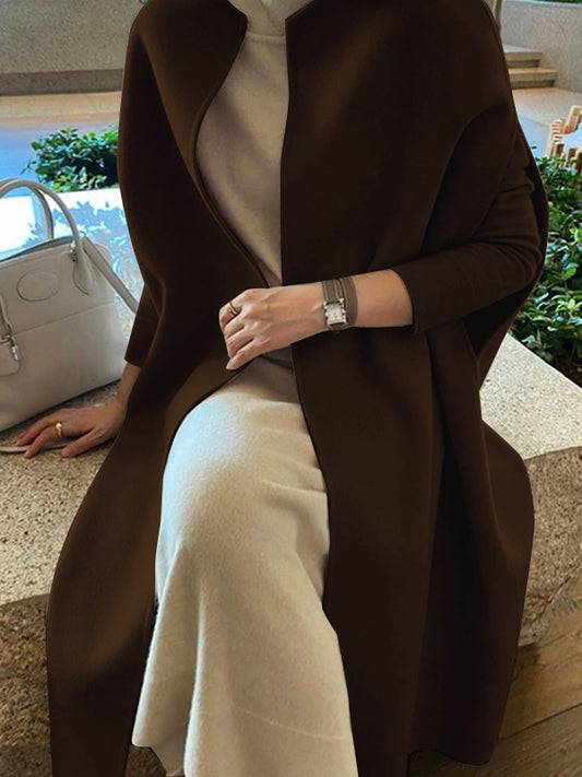 flowersverse Solid Color Split-Joint Batwing Sleeves Loose Round-Neck Woolen Coat Outerwear Cape