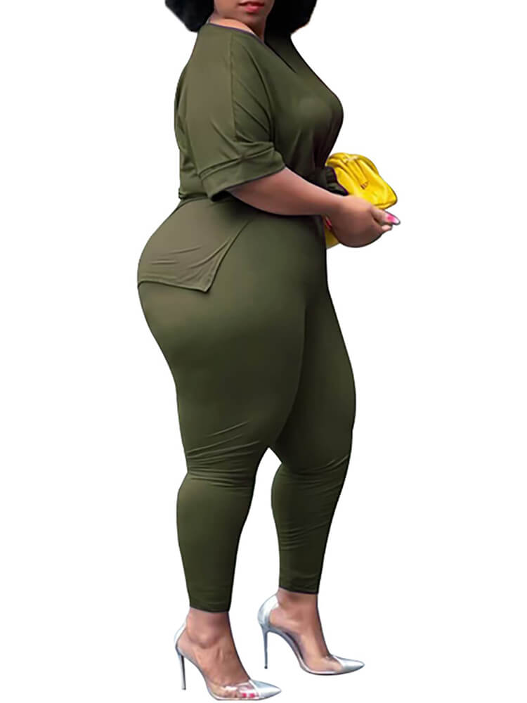 flowersverse Plus Size Short Sleeve Tops Bodycon Long Pants Set