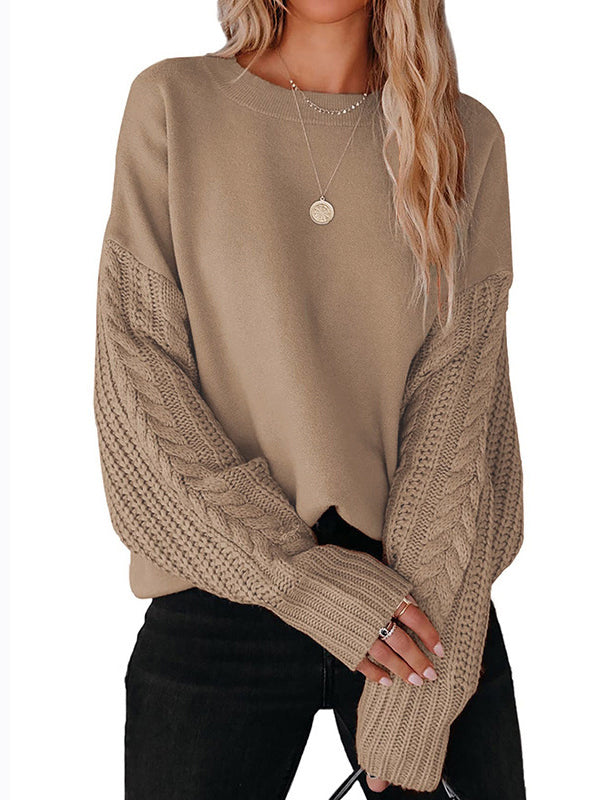 flowersverse Knitted Twist Long Sleeves Solid Color Round-Neck Sweater Tops