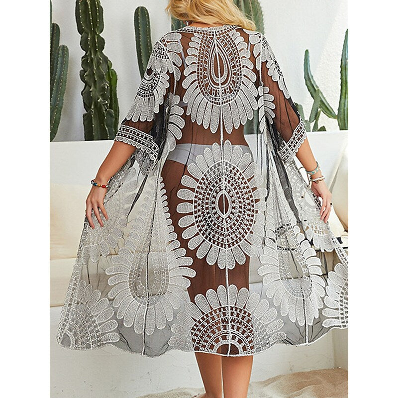 flowersverse Women's Cover Up Beach Dress Beach Wear Midi Dress Lace up Patchwork Fashion Casual Color Block V Neck 3/4 Length Sleeve Loose Fit Outdoor Daily Black Spring Summer One Size
