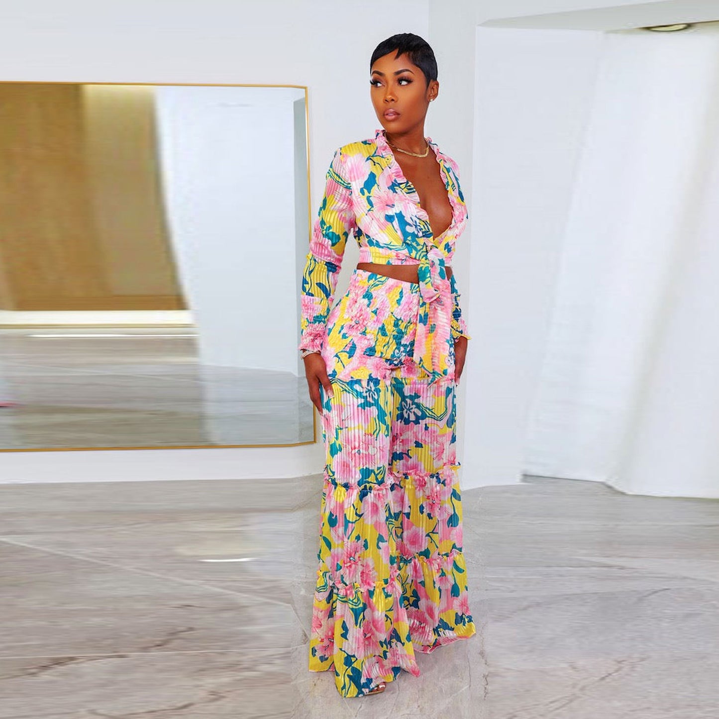 flowersverse Sexy Printed Pleated Long Sleeve Lace-Up Top Wide Leg Pants Plus Size Two-Piece Set