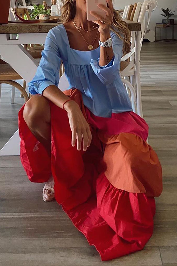 flowersverse Casual Patchwork Flounce Contrast Square Collar Cake Skirt Dresses