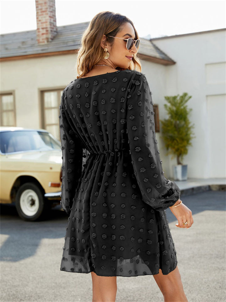 flowersverse Dot A-Line Skirt Ruffled V-Neck Casual Loose Short Dress