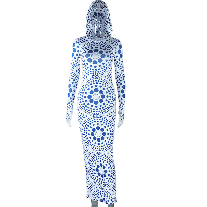 flowersverse Women Fashion Polka Dot Print Hooded Long Sleeve Street Trendy Bodycon Slim Dress