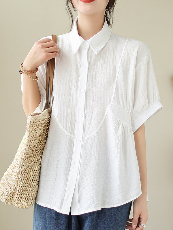 flowersverse Pleated Solid Color Split-Joint Half Sleeves Loose Lapel Blouses&Shirts Tops