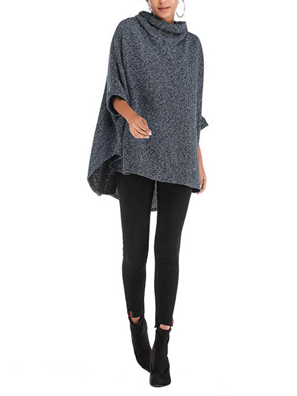 flowersverse Solid Color Batwing Sleeves High-Low High Neck Sweater Tops Pullovers Knitwear