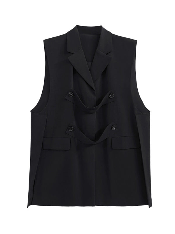 flowersverse Buttoned Pockets Split-Side Loose Sleeveless Notched Collar Vest Outerwear
