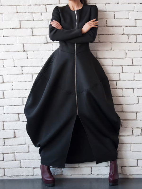 flowersverse Split-Joint Zipper Round-Neck Maxi Dress Coat Bubble Dress