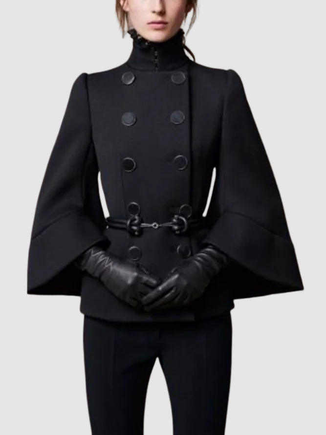 flowersverse Flared Buttoned Solid Color High Neck Outerwear Woolen Coat