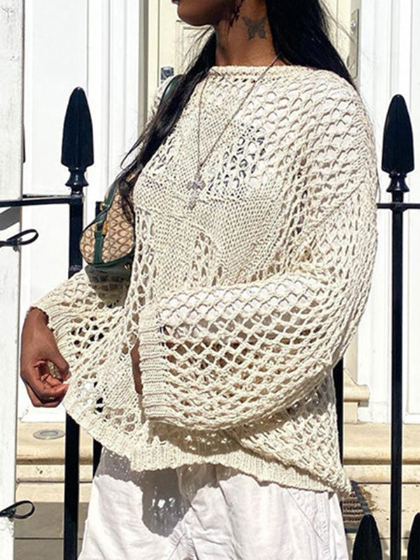 flowersverse Hollow Solid Color Long Sleeves Loose Round-Neck Sweater Tops Pullovers Knitwear
