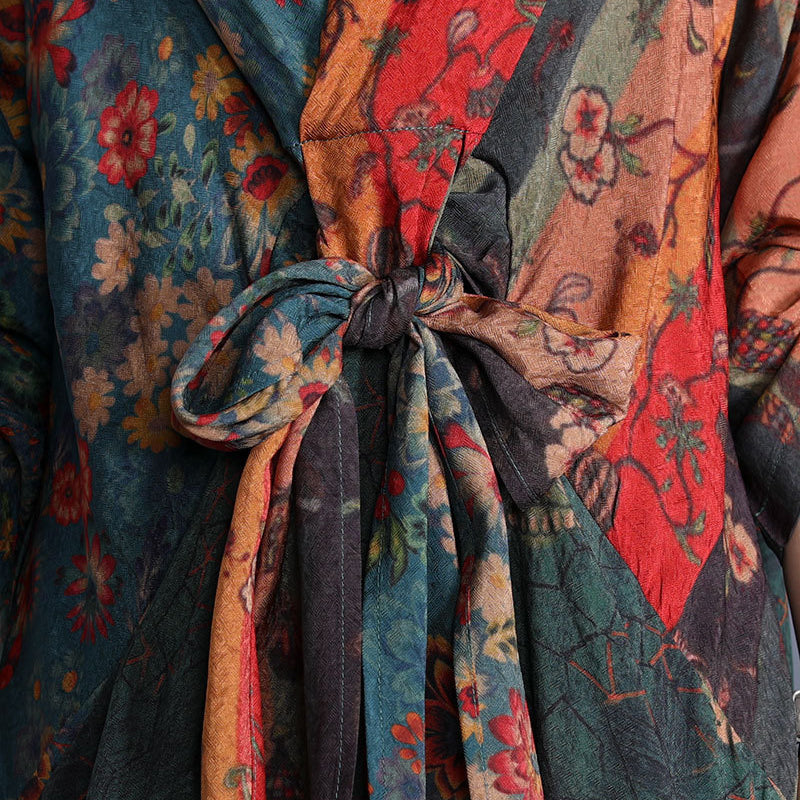 flowersverse Plus Size V-neck Printed Lacing Spliced Dress