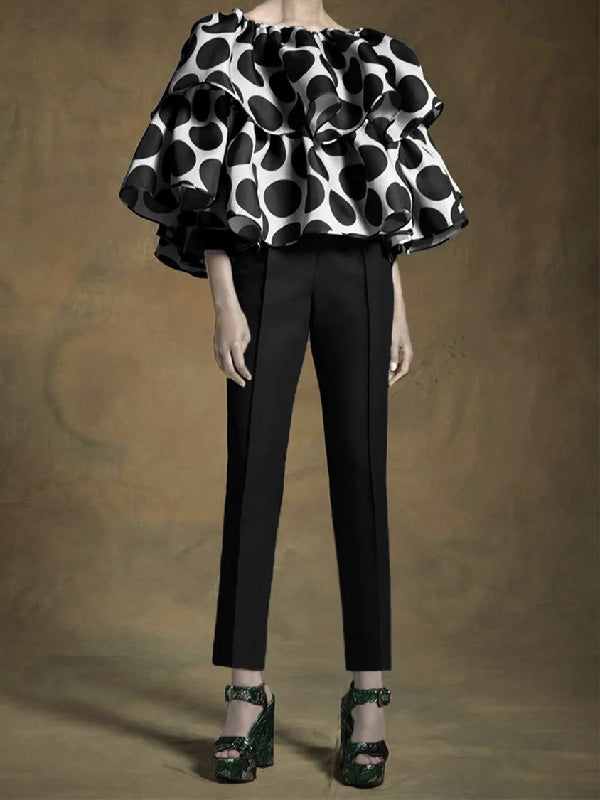 flowersverse Trendy Tops Loose Tiered Falbala Polka Dot Blouses&Shirts Tops