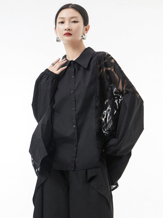 flowersverse Urban See-Through Lace Split-Joint Lapel Blouse