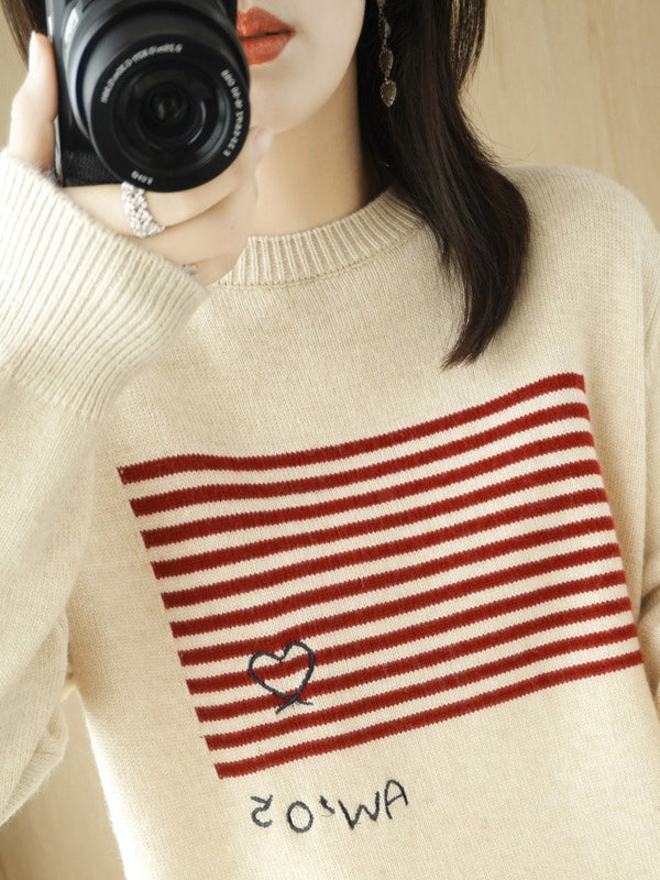 flowersverse Casual Loose Long Sleeves Striped Round-Neck Sweater Tops