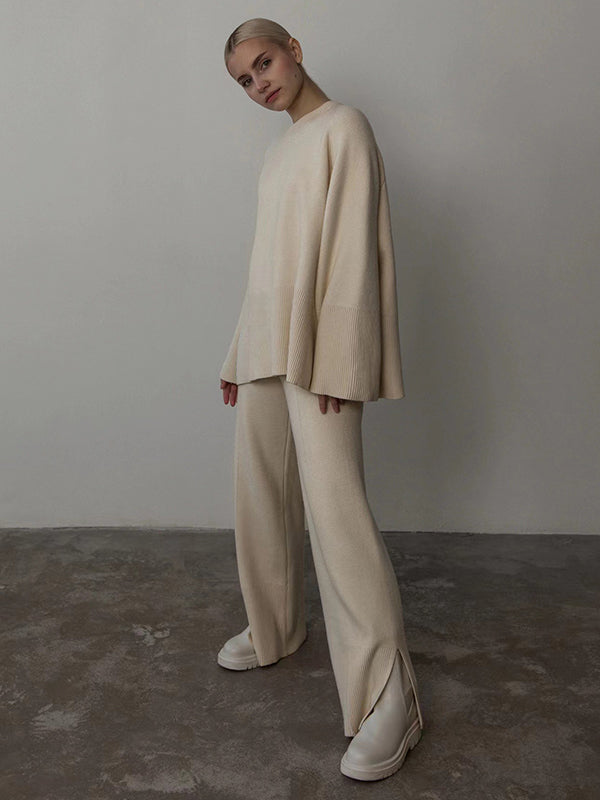 flowersverse Casual Long Sleeves Loose Solid Color Round-Neck Sweater Tops & Wide Leg Pants Two Pieces Set