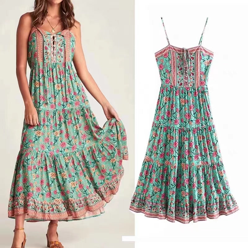 flowersverse Bohemian Long Sling Floral High Waist Dress Girl