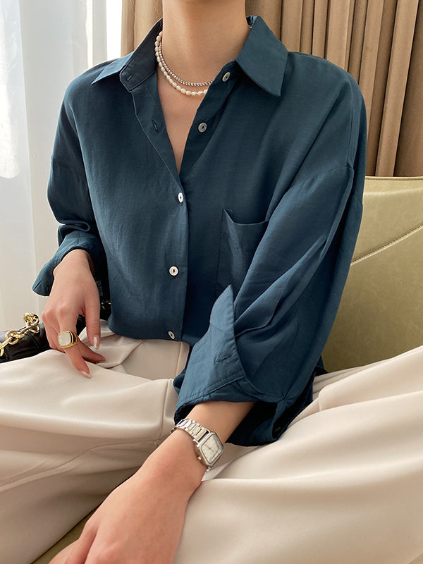 flowersverse Solid Color Lapel Blouses&Shirts Tops