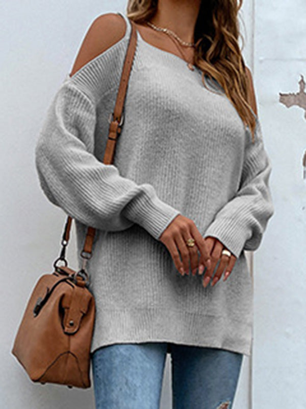 flowersverse Long Sleeves Split-Side Solid Color Off-The-Shoulder Sweater Tops