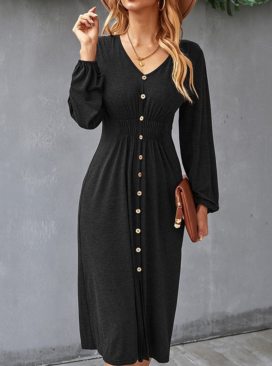 flowersverse Fall/Winter A-Line Solid Color V-Neck Dress Black Dresses