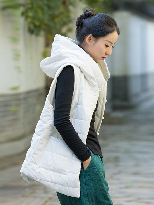flowersverse Simple Sleeveless Loose Keep Warm Cotton Quilted Solid Color Hooded Vest Outerwear
