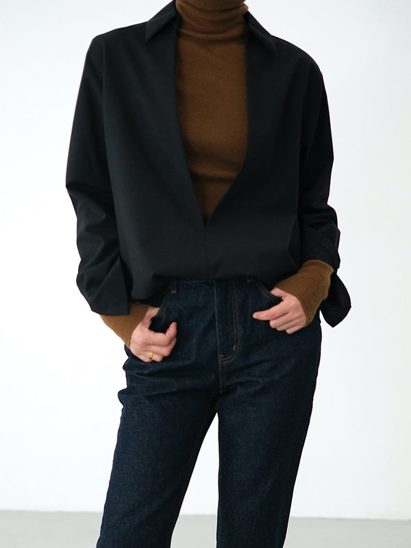 flowersverse Solid Color Long Sleeves Loose Deep V-Neck Blouses&Shirts Tops