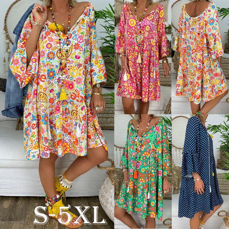 flowersverse Summer Women Boho Floral Long Sleeve Dress Holiday Beach Shirt Dress Ladies Print Mini Dress Plus Size