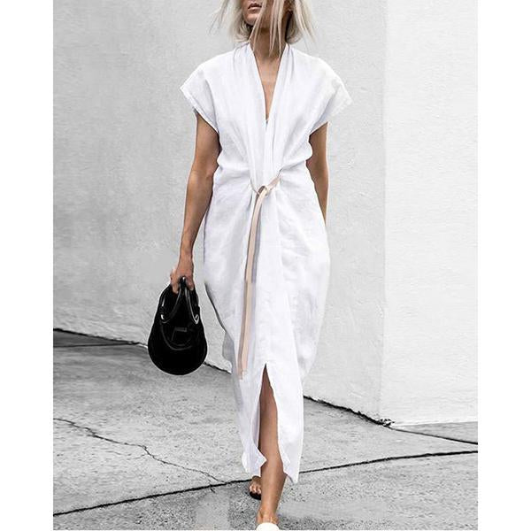 flowersverse Solid V-Neck Split with Belt Plus Size Dress White Dresses