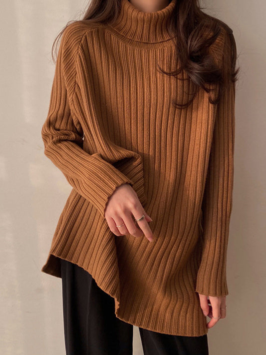 flowersverse Casual Long Sleeves Loose Split-Side Solid Color High-Neck Sweater Tops