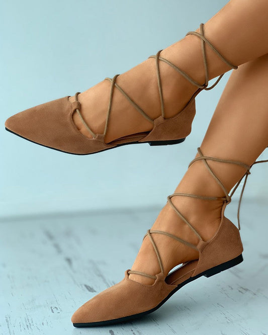 flowersverse Pointed Toe Suede Strappy Slip-On Flats