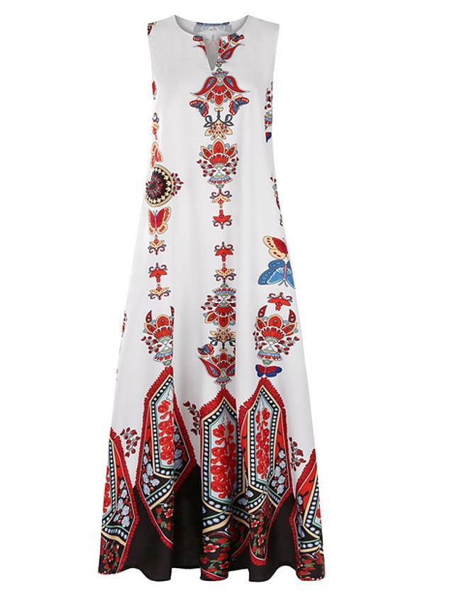 flowersverse Women's A-Line Dress Maxi Long Dress - Sleeveless Pocket Print Spring & Summer V Neck Hot Casual Boho Holiday White Black Blue Yellow Light Blue White Dresses