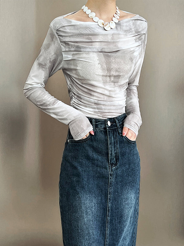 flowersverse Gauze Pleated Split-Joint Tie-Dyed Skinny Sun-Protection Off-The-Shoulder Blouses&Shirts Tops