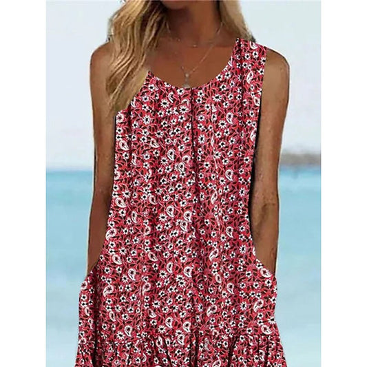 flowersverse Women's Casual Dress Tank Dress Summer Dress Floral Ruched Pocket Crew Neck Midi Dress Fashion Modern Daily Holiday Sleeveless Regular Fit Red Spring Summer S M L XL XXL