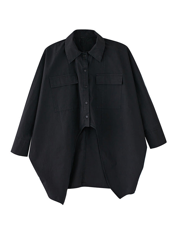 flowersverse Casual Long Sleeves Irregularity Buttoned Solid Color Lapel Collar Blouses&Shirts Tops