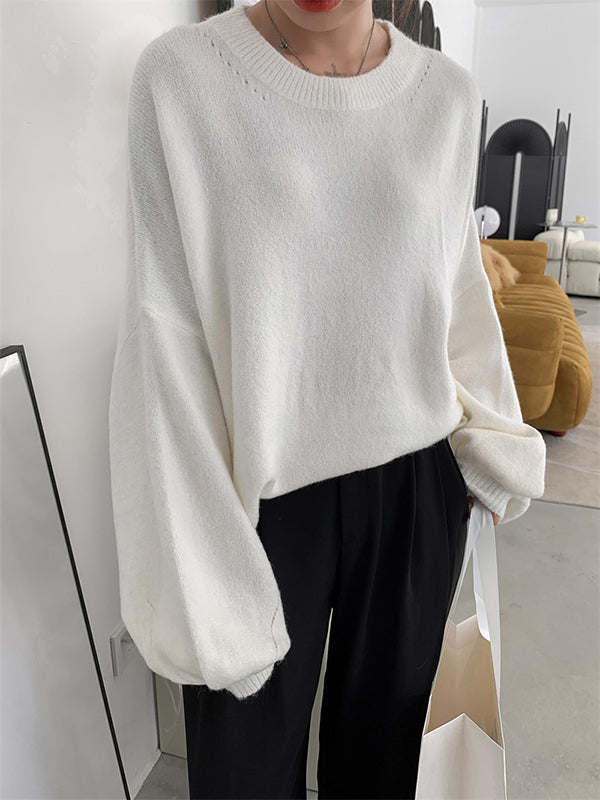 flowersverse Stretch Mohair-Blend Balloon Sleeves Loose Solid Round-Neck Sweater Tops