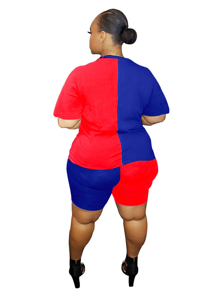 flowersverse Plus Size 2 Piece Color Block T-Shirt+Shorts Sets Tracksuits