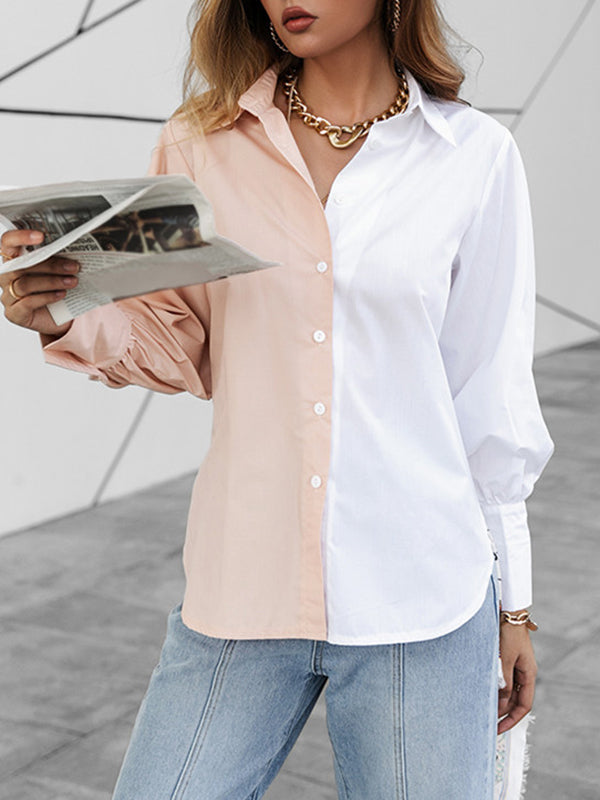 flowersverse Buttoned Contrast Color Long Sleeves Loose Lapel Blouses&Shirts Tops