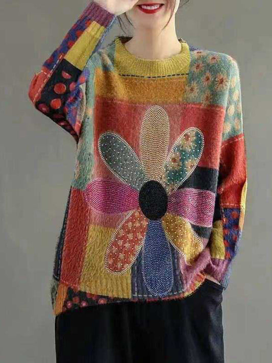 flowersverse Flower Print Rhine Stones High-low Long Sleeves Round-neck Sweater Tops Pullovers