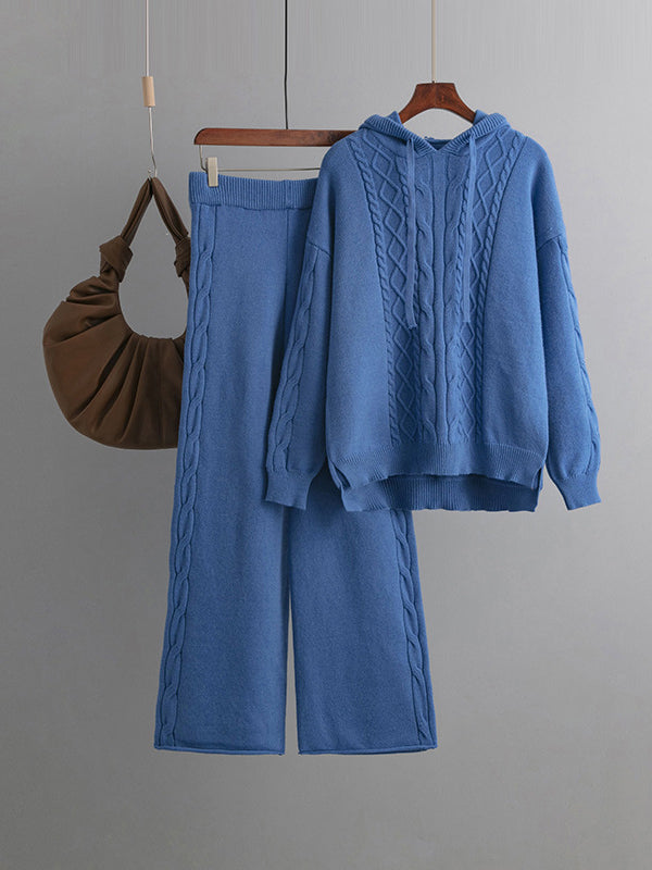 flowersverse Urban Loose Solid Color Hooded High-Low Sweater Tops & Wide Leg Pants Two Pieces Set